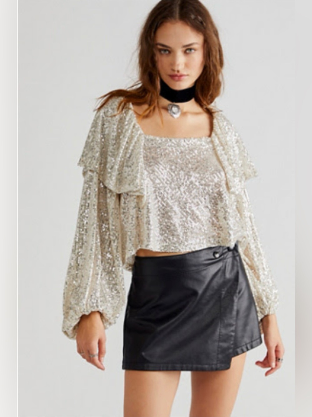Free People Silver Sequin Ruffle Long-Sleeve Top NWT✨